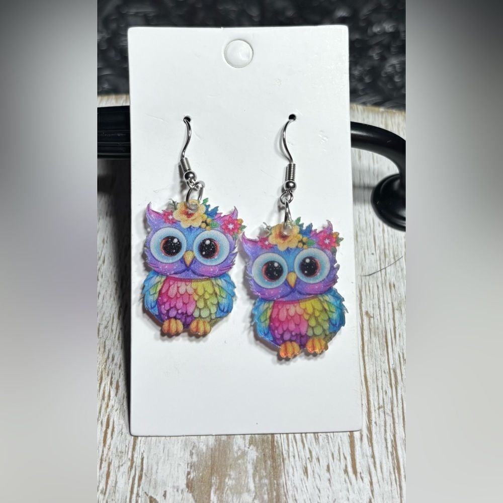 New Colorful Acrylic Double Sided Owl Dangle Earrings NWT